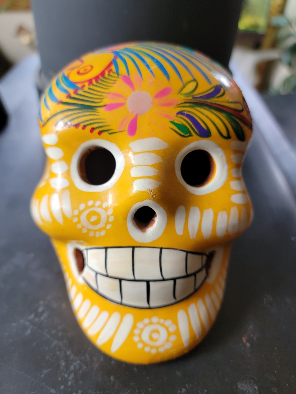 Hand-Painted Yellow Decorative Day of the Dead Skull